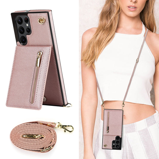 Zipper Wallet CrossBody Lanyard Case For Samsung Galaxy S22-S9 Kickstand Cards Solt Cover
